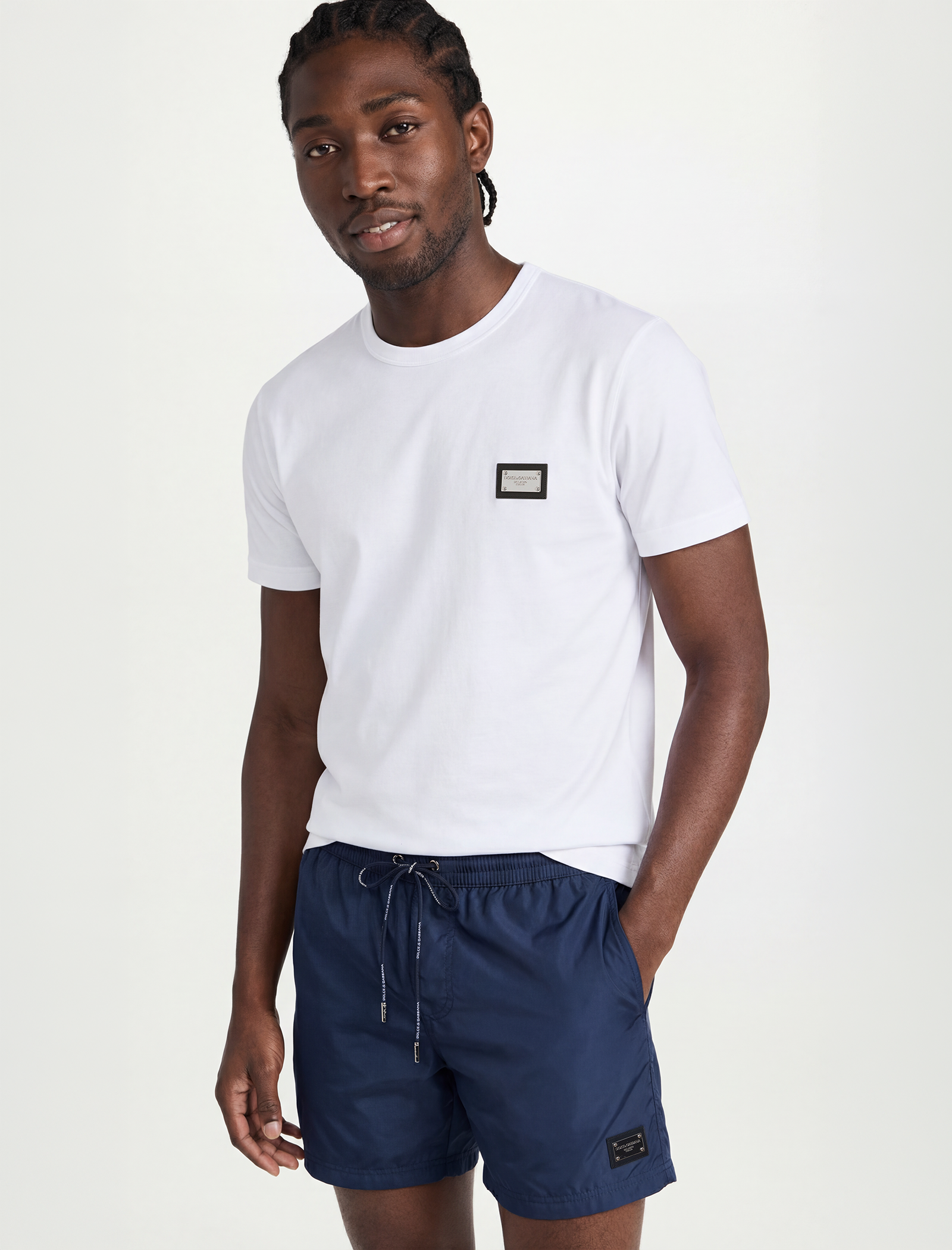 Mid-length plaque swim shorts